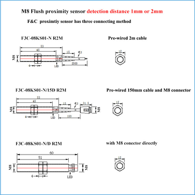 12-24VDC PNP NO फ्लश M8 इंडक्टिव सेंसर मेटल डिटेक्शन